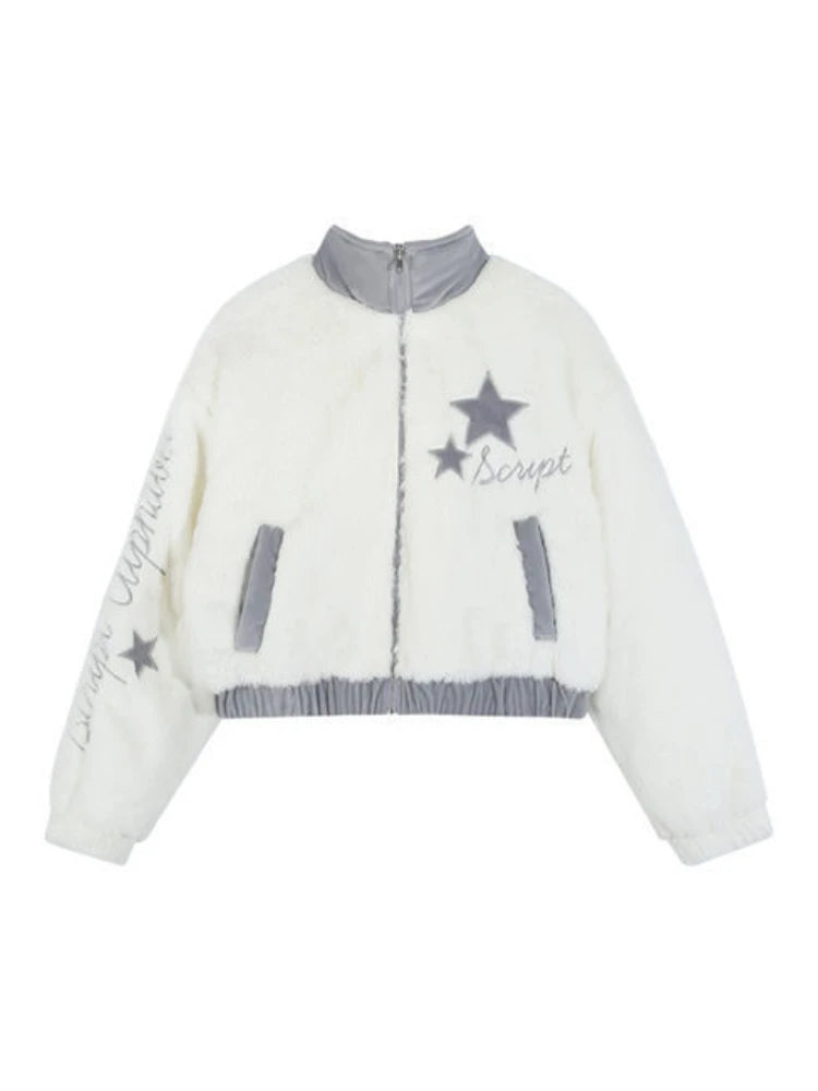 Star Embroidery Faux Fur Jacket