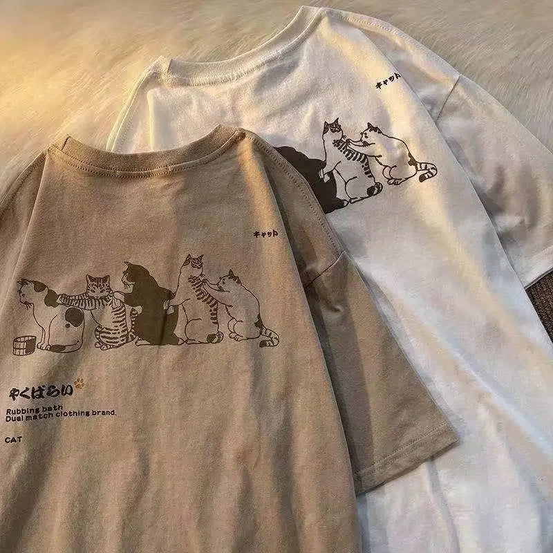 Cat Print T-shirt Drop Shoulder