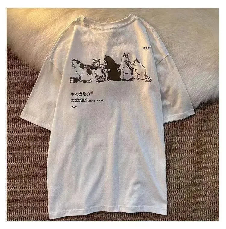 Cat Print T-shirt Drop Shoulder