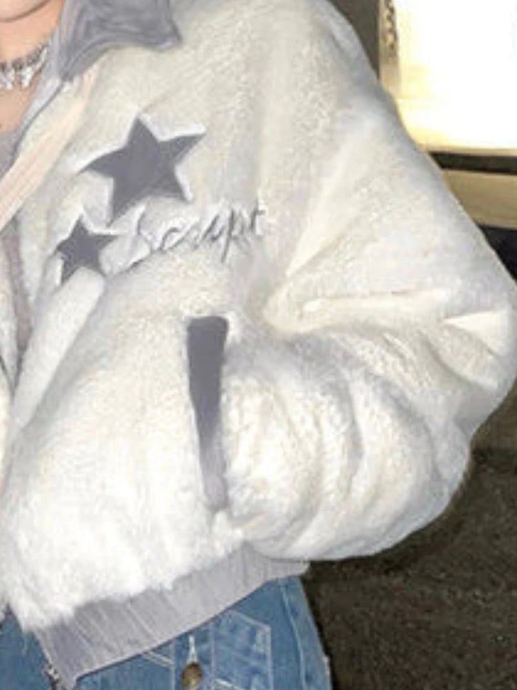 Star Embroidery Faux Fur Jacket